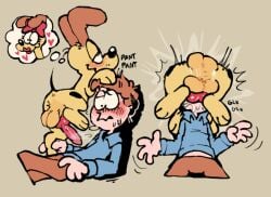 animal_genitalia animal_penis balls blush canid canine canine_genitalia canine_penis canis domestic_dog duo feral garfield_(series) genitals human jon_arbuckle knot male male/male mammal odie oral paws,_inc. penis tully_(artist) zoophilia