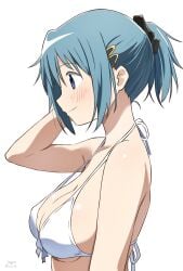 1girls armpits bare_arms bare_shoulders bikini blue_eyes blue_hair blush body_blush breasts cleavage closed_mouth collarbone female female_only front-tie_bikini_top hair_ornament hand_on_own_head high_ponytail mahou_shoujo_madoka_magica medium_breasts miki_sayaka nagare_(flow) one_arm_up ponytail shiny_skin side_view sideboob smile solo strap_gap underboob white_bikini