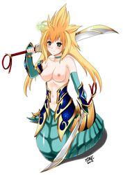 blonde_hair breasts dota_2 dual_wielding merfolk mermaid naga naga_siren siren tagme weapon yellow_eyes