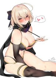 1girl ahoge asymmetrical_legwear bare_shoulders bikini black_bikini black_gloves black_legwear black_scarf black_swimsuit blonde_hair blush bow breasts brown_eyes cleavage fate/grand_order fate_(series) female gloves hair_between_eyes hair_ornament hairbow large_breasts looking_at_viewer marushin_(denwa0214) navel okita_souji_(fate) okita_souji_(fate)_(all) okita_souji_(swimsuit_assassin)_(fate) one_breast_out open_mouth scarf short_hair simple_background single_glove single_thighhigh sitting smile solo swimsuit thigh_strap thighhighs thighs white_background