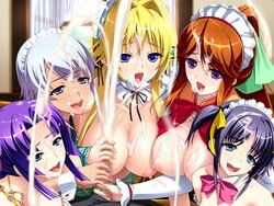 1boy 5girls ahe_gao berochu! black_hair blonde_hair blue_eyes blush bow breasts bukkake censored clothed_male collar cuffs cum cum_on_breasts cum_on_face ejaculation elbow_gloves female game_cg grey_eyes hair_accessory harem hotel indoors large_breasts light_skin maid_headband makeup male masturbation multiple_girls nakano_sora nipples orange_hair pale_skin pigtails ponytail purple_eyes purple_hair red_hair ribbon silver_hair tagme tan_skin teal_eyes tied_hair topless twintails white_eyes white_hair wristbands