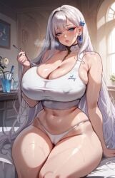 1girls ai_generated big_breasts blue_eyes cameltoe cecil_(nikke) cleavage goddess_of_victory:_nikke midriff nihilous nipple_bulge panties playing_with_hair sweaty_body tank_top thick_thighs white_hair