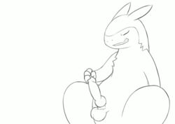 2014 animal_genitalia animated anthro ass balls black_and_white cum dreiker erection knot male male_only mammal masturbation monochrome nintendo nude orgasm penis plain_background pokemon pokemon_(species) sex sitting straight_hair typhlosion video_games white_background