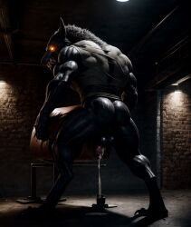 1boy ai_generated breeding_mount canine city cityscape claws digitigrade knot looking_back looking_back_at_viewer male male_only muscular muscular_male realistic ripped_clothing snarling solo werewolf wolf