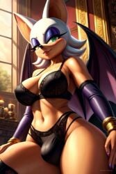 ai_generated armwear bat_ears bat_wings big_ass big_breasts black_bra black_lingerie black_panties bracelet bulge bulge_in_panties bulge_through_clothing clevage eyeshadow furry futa_only futanari inner_sideboob lingerie makeup midriff nailpolish painted_nails rouge_the_bat sonic_(series) sonic_the_hedgehog_(series) thick_thighs white_fur