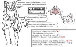 age_difference anthro big_breasts blush bodily_fluids breasts canid canine canis cardiac_monitor cardiophilia clothing dialogue duo felid female headgear headwear heart_(organ) lung male mammal medical_instrument nurse_clothing nurse_headwear older_female organs scientific_instrument speech_bubble stethoscope surprise sweat wafas wolf x-ray_view
