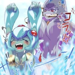 2girls absurd_res absurdres big_breasts bikini breasts calamaramon digimon digimon_(species) digimon_frontier female gerusyu golden_bikini golden_week hi_res highres light-blue-skinned_female light_blue_skin purple-skinned_female purple_skin ranamon toei_animation water