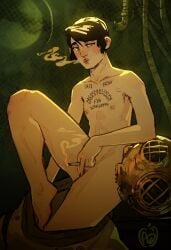 applesauce_jack brown_eyes chandelle_deschoses dark_hair diving_suit dressing flat_chest looking_at_viewer nipples nude small_breasts smoking tattoo