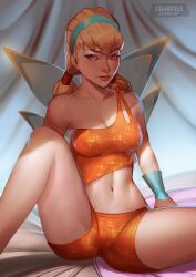 1girls 2020s 2023 alternate_version_at_source alternate_version_available artist_logo artist_name bed bike_shorts black_eyebrows black_eyelashes blonde_hair blue_hair_ornament blue_sleeves bra camel_toe cameltoe charmix cleavage clothing english_text eyebrows eyelashes fairy fairy_only fairy_wings female female_only glitter hair_ornament hi_res humanoid humanoid_only jpeg loginovls navel open_eyes orange_bra orange_clothing orange_eyes orange_shorts page_1 ponytail posing rainbow_(animation_studio) shiny_clothes shorts sitting sitting_on_bed sleeves solo sparkles spread_legs stella_(winx_club) text tight_clothing wings winx_club