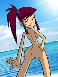 1girls ass beach breasts dancing_fish_members disney disney_xd female from_behind green_eyes grimphantom large_breasts looking_back morgan_(randy_cunningham) nude nude_female ocean outdoors ponytail purple_hair pussy randy_cunningham:_9th_grade_ninja solo tied_hair water