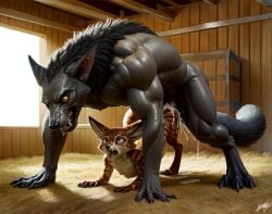 ai_generated anal anal_sex anal_sex barn canine couple duo gay looking_pleasured male_on_male muscular_male realistic vulpera werewolf wolf worgen world_of_warcraft