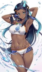 armband armpits arms_up black_hair blue_eyes blue_eyeshadow breasts cameltoe crop_top cropped_shirt dark-skinned_female earrings eyeshadow female gloves hair_ornament highres hoop_earrings jewelry long_hair looking_at_viewer makeup medium_breasts midriff multicolored_hair navel necklace nessa_(pokemon) partially_fingerless_gloves pokemon pokemon_swsh r-binon short_shorts shorts splashing streaked_hair tan water