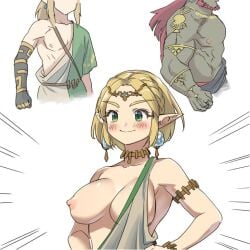 1girls artist_request blonde_hair breasts_out ganondorf ganondorf_(tears_of_the_kingdom) link nipple_slip nipples princess_zelda smile source_request tagme tears_of_the_kingdom the_legend_of_zelda