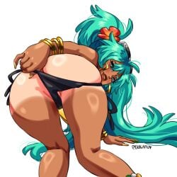 2d anklet ass blue_eyes bracelet brazil brazilian brazilian_female brazilian_miku bubble_butt busty earrings erogamu female female_focus female_only flower_in_hair hatsune_miku hourglass_figure long_fingernails long_hair looking_at_viewer looking_back makeup nail_polish on_all_fours rear_view sunglasses_on_head tagme tan tan_body tan_skin tanline thong turquoise_eyes twintails vocaloid wide_hips