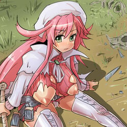 aty blue_eyes breasts glasses hat large_breasts long_hair panties red_hair summon_night summon_night_3 torn_clothes turtleneck