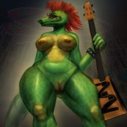 absurd_res alligator alligatorid alternative_fashion anthro ass belly breasts crocodile crocodilian crocodylid eyewear farodor female five_nights_at_freddy's five_nights_at_freddy's:_security_breach glamrock guitar hi_res montgomery_gator_(fnaf) musical_instrument nipples overweight plucked_string_instrument reptile rockstar rule_63 scalie scottgames solo steel_wool_studios string_instrument sunglasses