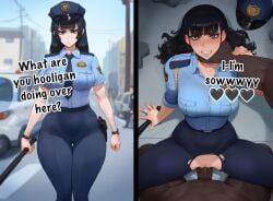 1boy 1girls ai_generated aipotions big_penis choking cop dark-skinned_male dark_skin english_text female heart-shaped_pupils instant_loss_2koma interracial looking_at_viewer male police policewoman pov text vaginal_penetration