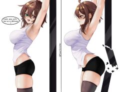 1girls bare_shoulders big_ass breasts brown_eyes brown_hair female_focus green_eyes heterochromia idol_corp large_breasts latam_virtual_youtuber meica minishorts short_hair simple_background spanish_text virtual_youtuber vtuber vtuberfanart white_shirt