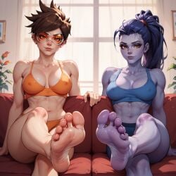 ai_generated apartment casual couch eogard_orc foot_fetish foot_focus overwatch presenting_feet sitting tracer widowmaker