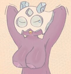 anthro big_breasts breasts closed_eyes female froslass generation_4_pokemon nintendo nude open_mouth pokemon pokemon_(species) purple_body simple_background sodacrumble solo stretching yawn yellow_mouth