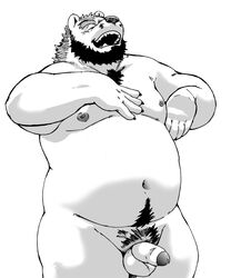 1boy anthro balls bear beard biceps chest_tuft chubby claws erection facial_hair fur hair kumagaya_shin male male_only mammal nipples nude penis plain_background pubes solo tom_(kumagaya) tuft uncut