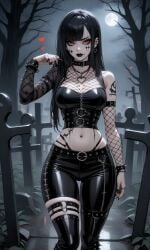 ai_generated black_hair black_legwear black_panties cemetery eyeliner fishnets goth goth_girl graveyard heart heart_symbol leather makeup navel original_character red_eyes thong_straps