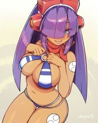 bra dark-skinned_female green_eyes hair_covering_eye headgear layer mega_man mega_man_x mega_man_x_dive nivaris purple_hair red_scarf scarf sidelocks sunset_nivaris swimsuit tagme tan_skin thick_thighs