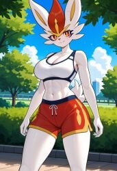 ai_generated anthro big_breasts breasts cinderace cleavage creatures_(company) female female_focus female_only furry game_freak gamefreak kemonogirls large_breasts nintendo orange_eyes pokemon pokemon_(species) solo sports_bra sportswear thighs white_fur