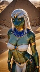 ai_generated anthro artist_name breasts cleavage colored_skin desert female female_anthro furry furry_female gold hi_res high_resolution highres jewelry large_breasts long_hair looking_at_viewer monster_girl navel photorealistic realistic reptile scales scalie solo stable_diffusion twitter twitter_username watermark yiffyjiffy2 yiffyjiffy69