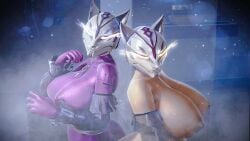 2girls 3d 3d_render breasts breasts_out bungie destiny_(game) destiny_(video_game) destiny_2 exo glowing_eyes helmet huge_breasts kenzi-7_(sonicfreak) kitsune_(destiny) kitsune_mask looking_at_viewer nude robot_girl robot_humanoid shower sonicfreak steam steamy