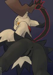 2024 absurd_res anthro anus ass black_body clothed clothing collar collar_only female generation_7_pokemon genitals hi_res looking_at_viewer looking_back looking_back_at_viewer looking_down looking_down_at_viewer low-angle_view mimi_(sealer4258) mimikyu nintendo nude pokemon pokemon_(species) pussy rear_view sealer4258 simple_background solo spiral_eyes tail upskirt yellow_body