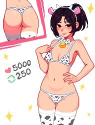 1girls 2020s 2024 artist_self-insert asian_female ass bikini black_eyes blushing bowtie breasts cow_bikini cow_ears cow_horns cow_horns_headband cow_lingerie cow_print cowbell cowprint_legwear female micro_bikini pixel_art small_breasts solo stars strip_game tagme thighhighs thong yumy_(yumyverse) yumykon yumyverse