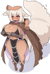 1girls big_breasts big_tail blush cloak clothing commission disembodied_hands female female_only fidgeting fox_ears fox_girl fox_tail furry_tail head_pat hi_res hooded_cloak j5daigada loincloth long_hair one_eye_closed red_eyes solo tail thick_thighs white_background white_hair