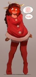 anthro antlers cervid christmas_clothing christmas_legwear christmas_outfit clothed dark_hair deer deer_antlers deer_ears ears_down embarrassed full_body glowing_nose hands_down hooves legwear long_hair mammal naked_under_clothes part_1 part_of_a_set poncho red_clothing red_legwear red_nose red_text reindeer rue_(the-minuscule-task) solo solo_female stockings talking text text_bubble the-minuscule-task