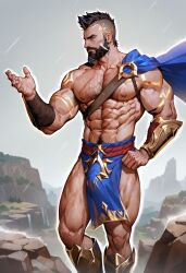 abs ai_generated bara beard biceps big_bulge bulge cape daddy league_of_legends male male_nipples male_only manly mature_male mohawk mohawk_(hairstyle) muscular_male nipples pantheon pecs riot_games tattoos wankyc