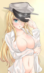 bismarck_(kantai_collection) blonde_hair blue_eyes breasts cleavage female hat hat_over_one_eye kantai_collection large_breasts long_hair looking_at_viewer messenger-lame military_hat navel nipples open_clothes open_shirt personification sweat