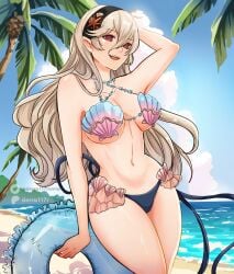 1girls alternate_costume beach bikini_top corrin_(fire_emblem) corrin_(fire_emblem)_(female) female female_only fire_emblem fire_emblem_cipher fire_emblem_fates floaty grey_hair hairband large_breasts looking_at_viewer nintendo official_alternate_costume one_arm_up outdoors pointy_ears red_eyes shell_bikini sierra117renner solo solo_female swimsuit