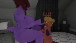 2girls anthro antlers bed bedroom big_balls big_breasts big_penis blowjob body_fur cryptiacurves cum deer deer_ears deer_girl deltarune dinosaur female female_only furry noelle_holiday purple_penis sucking sucking_penis susie_(deltarune) tongue tongue_out vrchat vrchat_avatar