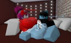 1futa 1futa1girl 1girls 2girls 3d :3 bed bedroom big_breasts blue_hair blue_skin breasts cum footjob futa_on_female futanari partially_clothed partially_clothed_female pink_hair roblox roblox_avatar robloxian text thigh_highs thighhighs white_skin