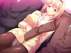 blush chikan copyright_request fingering hand_in_another's_panties hand_in_panties pantyhose sitting train zurumu_ken