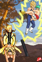 aura blonde_hair breasts bulma_briefs clothes color crossover cum day dragon_ball dragon_ball_z female flying glowing gold_hair human husband_and_wife john_hollow male midair_sex multiple_females multiple_males muscles naruto naruto_shippuden outdoors sex super_saiyan super_saiyan_2 temari uzumaki_naruto vegeta