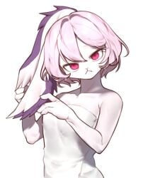 1girls 2d after_bath artist_request bean__mel bunny_ears bunny_girl female female_only large_breasts looking_at_viewer pink_eyes pink_hair solid_color_background solo solo_female standing towel_only white_background white_fur