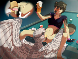 2014 alcohol anthro avian beer beverage canine closed_eyes clothing cunnilingus duo female fur gryphon hair male mammal open_mouth oral oral_sex pussy roanoak sandra sex straight tongue vaginal_penetration wings wolf