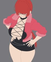 big_breasts big_breasts black_skirt female fishnets hands_on_hips jacket king_of_fighters light-skinned_female light_skin long_hair ponytail ponytails red_hair shermie_(kof) skirt thick_thighs thighs