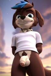 1boy ai_generated animal arms_behind_back blue_eyes blue_hair bottomless cloud collar dog_boy dog_ears dog_tail ear flaccid foreskin from_below furry gay grin looking_at_viewer luxeraora10 male male_focus male_only moby_(paw_patrol) multicolored_hair outdoors paw_patrol penis pubic_hair shirt short_sleeves sky smile solo standing tail testicles two-tone_hair uncensored white:shirt