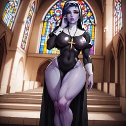 ai_generated big_breasts church eogard_orc muscular_legs nun nun's_habit overwatch purple_skin stable_diffusion thick_thighs widowmaker