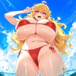 1girls ai_generated beach big_breasts bikini blonde_hair breasts enormous_breasts female female_focus huge_breasts large_breasts light-skinned_female purple_eyes rwby thick_thighs thighs yang_xiao_long