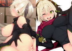 ass black_gloves black_hair blush breasts breasts_out cum cum_on_ass elbow_gloves erect_nipples female gloves green_eyes heart large_breasts multicolored_hair nipples one_eye_closed open_mouth original rib:y(uhki) scarf short_hair silver_hair simple_background smile spoken_heart two_tone_hair