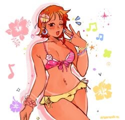 bellybutton_piercing bikini compact_body female female_only momovkia nami nami_(one_piece) one_piece orange_hair short_hair tagme tan tanline thighs