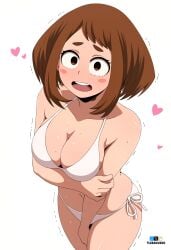 1girls ass big_ass big_breasts bikini blush breasts brown_eyes brown_hair cute cute_but_busty embarrassed female female_focus female_only heart large_breasts looking_at_viewer my_hero_academia navel ochako_uraraka open_mouth solo solo_female solo_focus sweat swimsuit thick_thighs trembling tsuranukko